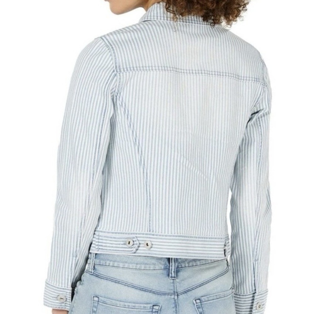 Style & Co Railroad Stripe Denim Jacket Womens Retro Blue White Retro Coat Sz M - Picture 10 of 10